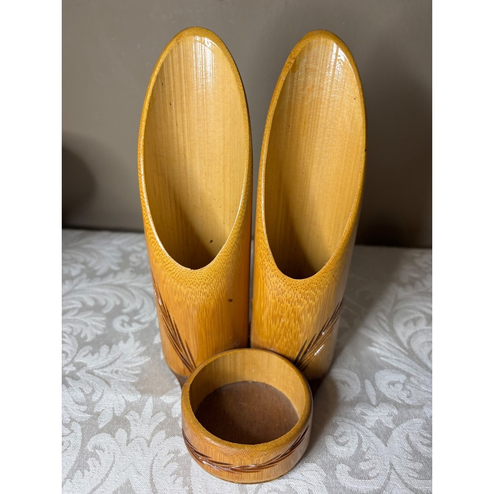 Vintage Hand Carved Bamboo Desk Organizer Jamaica WI Souvenir Wood Caddy